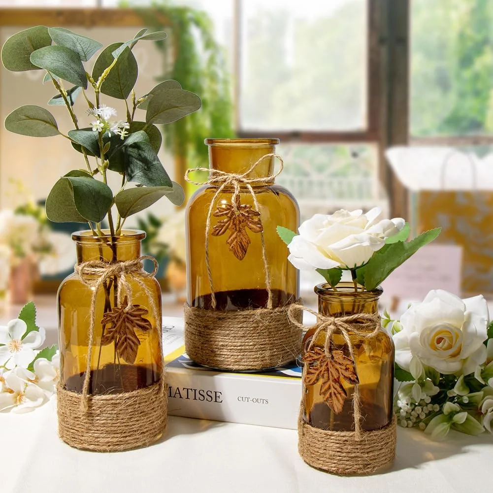 Briful Juego de 3 jarrones de cristal de varios tamaños envueltos con cuerda de yute, jarrón de vidrio ámbar con jarrón de cristal de hoja de arce realista para flores florero para decoración de mesa - Imagen 3