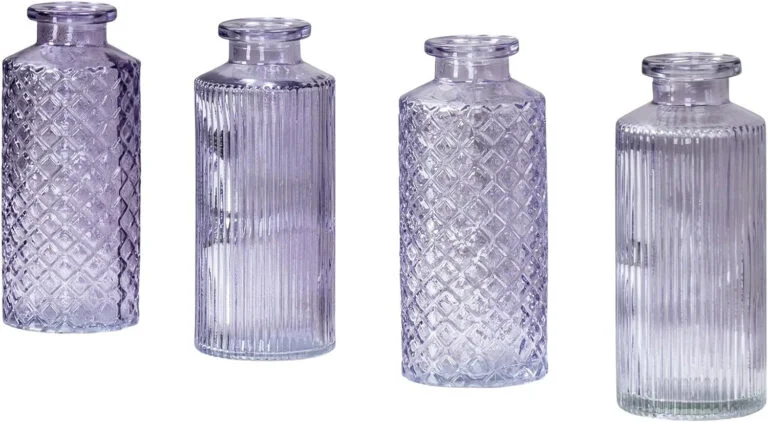 Juego de 4 jarrones de cristal morado, 14 cm de altura, color morado, pastel, decoración de mesa, decoración de primavera, florero de cristal, jarrón decorativo