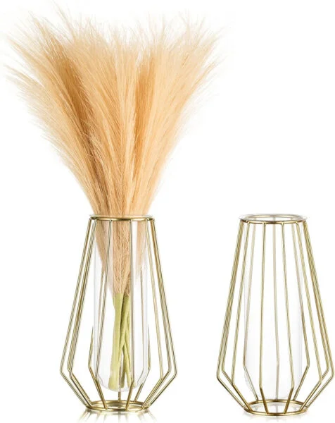 Sziqiq Oro Florero de Cristal de Marco - Set of 2 Modernos Metal Jarrons Geometrico Diamantes Arte Jarron para Plantas Decorativo Jarrons para Mesa de Comedor Sala de Estar Baño Oficina