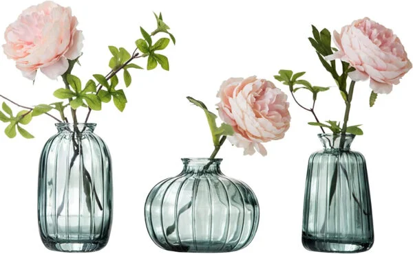 Juego de 3 jarrones pequeños de cristal, florero decorativo de flores, mini jarrones de cristal, florero, de boda, color verde