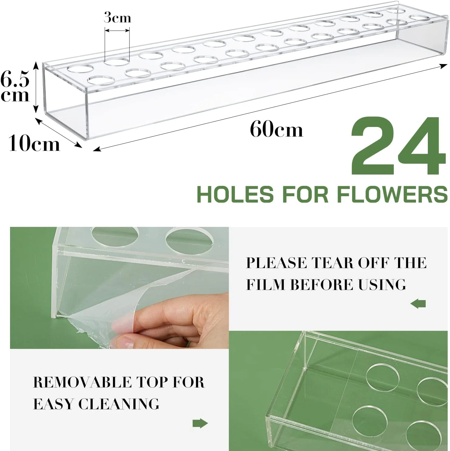BOFUNX 60x10x6,5cm Jarrón Flores Rectangular de Acrílico 24 Agujeros 60CM Florero Transparente Vase Largo Decorativo Moderno para Arreglo Floral Decoración Hogar Centro de Mesa para Bodas Fiestas - Imagen 2