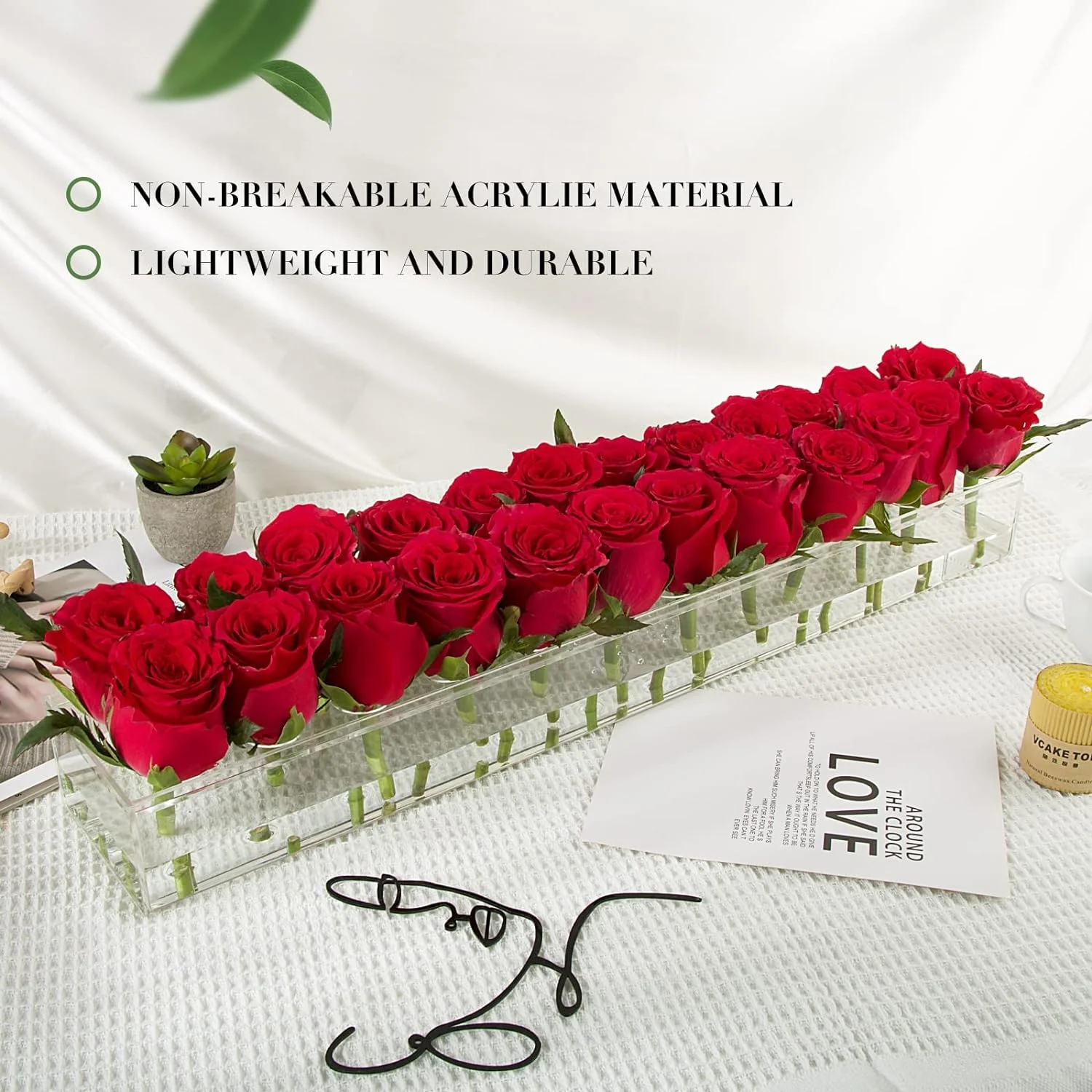 BOFUNX 60x10x6,5cm Jarrón Flores Rectangular de Acrílico 24 Agujeros 60CM Florero Transparente Vase Largo Decorativo Moderno para Arreglo Floral Decoración Hogar Centro de Mesa para Bodas Fiestas - Imagen 4