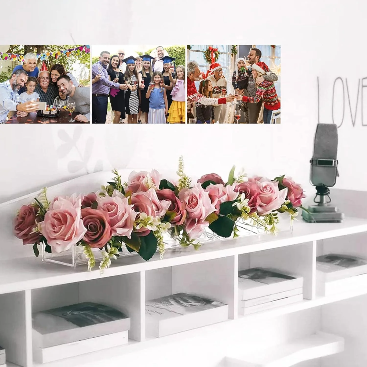 BOFUNX 60x10x6,5cm Jarrón Flores Rectangular de Acrílico 24 Agujeros 60CM Florero Transparente Vase Largo Decorativo Moderno para Arreglo Floral Decoración Hogar Centro de Mesa para Bodas Fiestas - Imagen 7