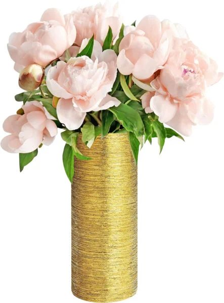 Belle Vous Jarrón Decorativo Grabado Dorado de Cerámica - 9,4 x 29,5 cm - Jarrón Dorado para Centro de Mesa, en el Hogar, Boda, Navidad y la Oficina - para Familiares y Amigos