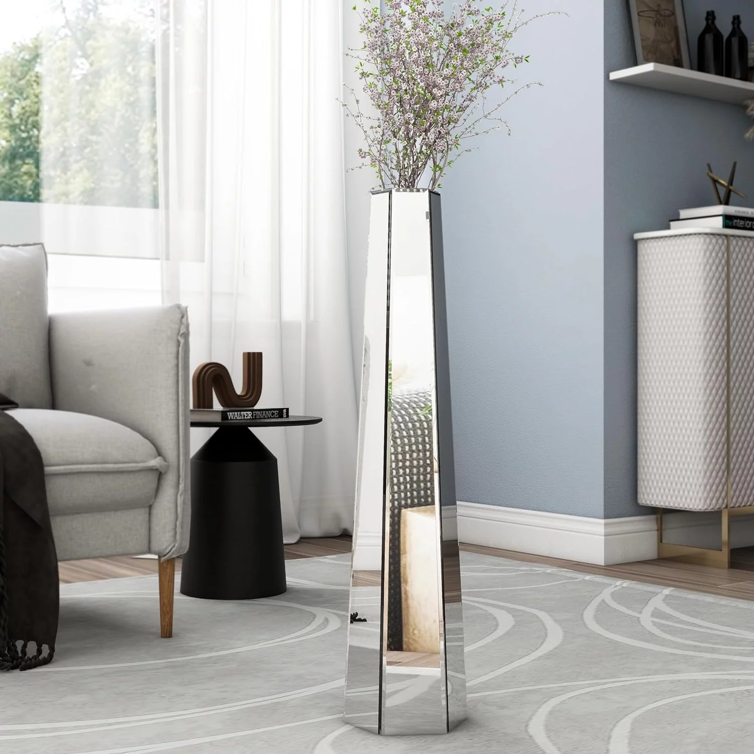 Large Floor Decorative Vase, Modern Mirror Decorative Vase, MDF Structure, 76 x 18 x 10 cm, Silver - SHYFOY