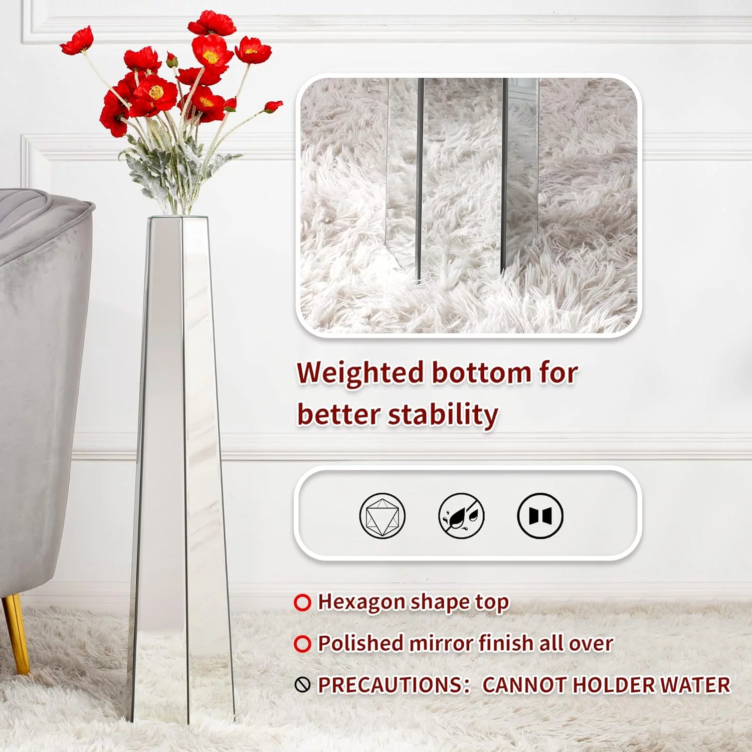 Large Floor Decorative Vase, Modern Mirror Decorative Vase, MDF Structure, 76 x 18 x 10 cm, Silver - SHYFOY - Image 5