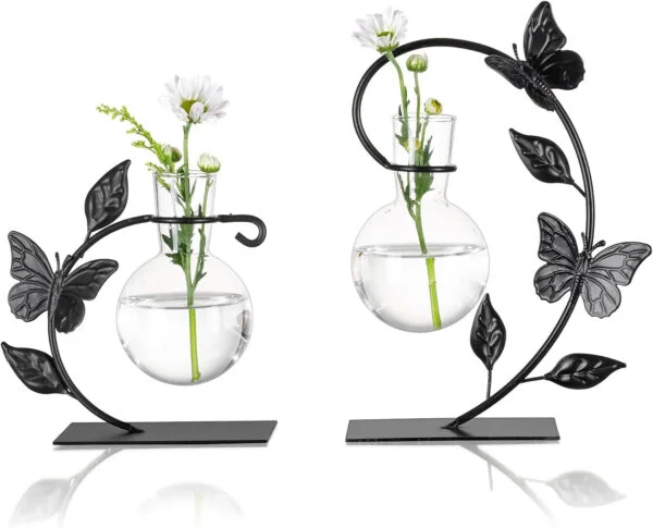 Glasseam Estación De Propagación Set De 2, Floreros De Cristal De Escritorio para Flores, Florero Creativo Transparente Terrario De Plantas con Soporte De Metal Negro Mariposa, Bonitos Floreros