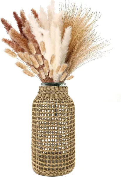 Florero de Paja, Jarrón de Paja de Cristal, Florero de ratán jarrón Flores secas,Hecho a jarrones Decorativos del hogar
