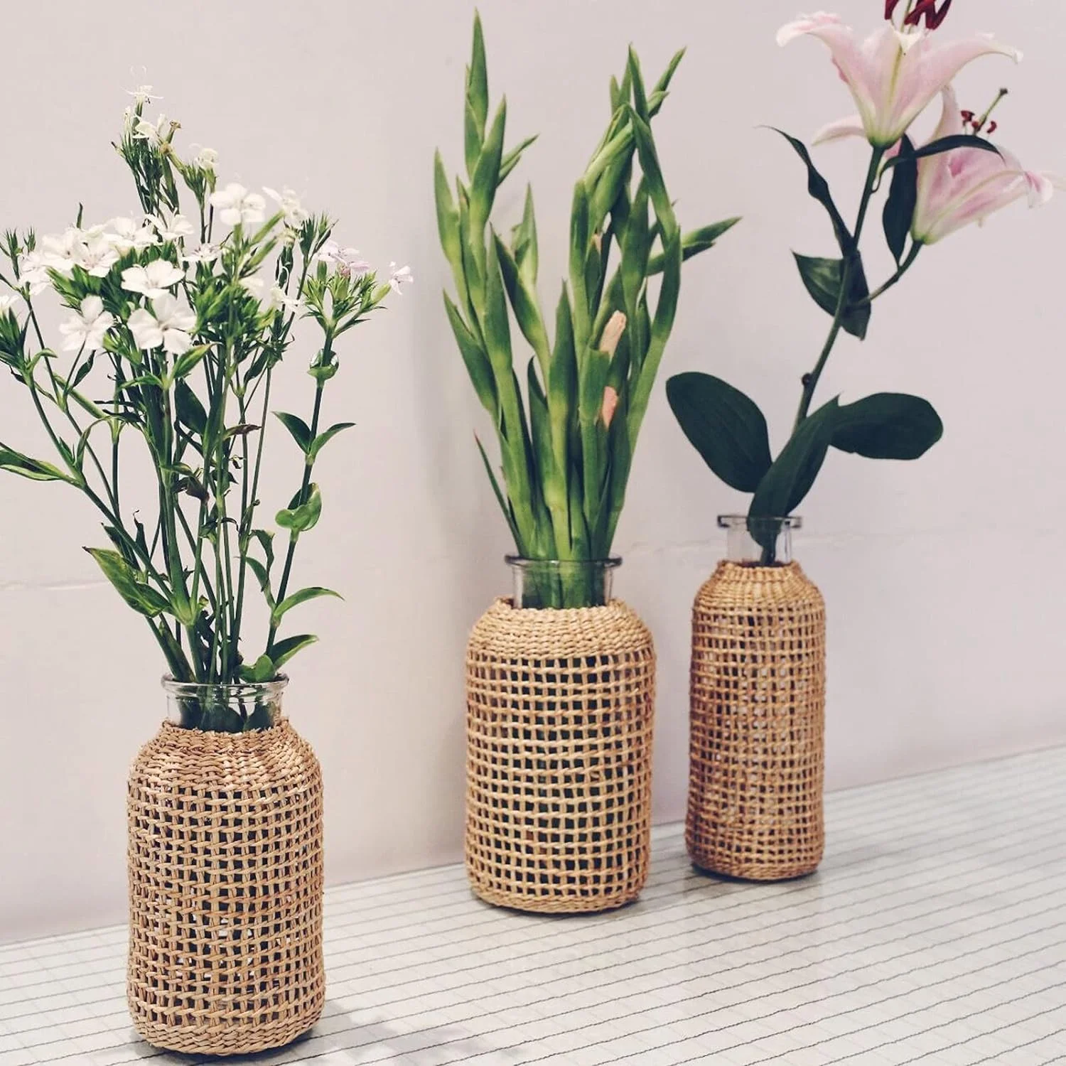 Florero de Paja, Jarrón de Paja de Cristal, Florero de ratán jarrón Flores secas,Hecho a jarrones Decorativos del hogar - Imagen 6