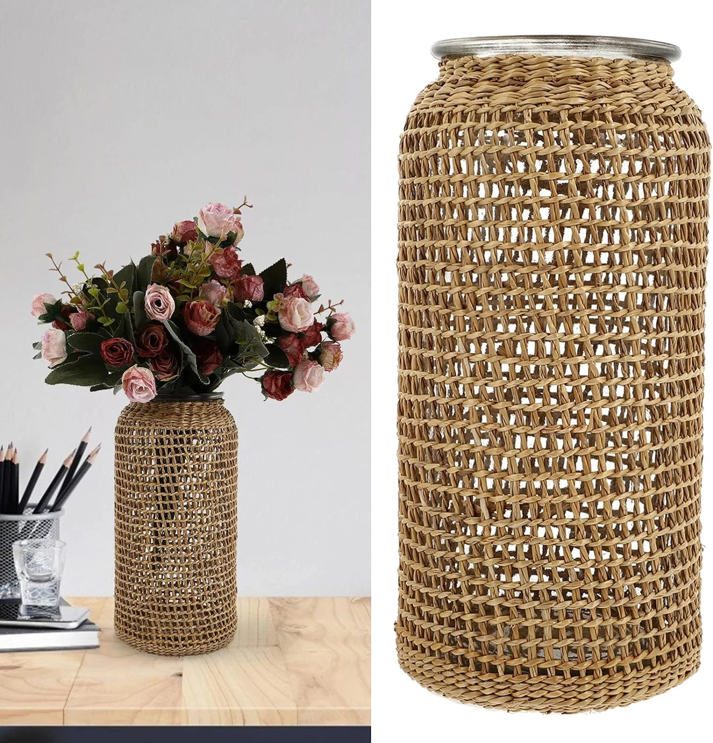 BESTonZON Jarrón de cristal Woven, florero vintage victorio, florero japonés, algas marinas, tejido, jarrón de mesa, centro de luz - Imagen 6