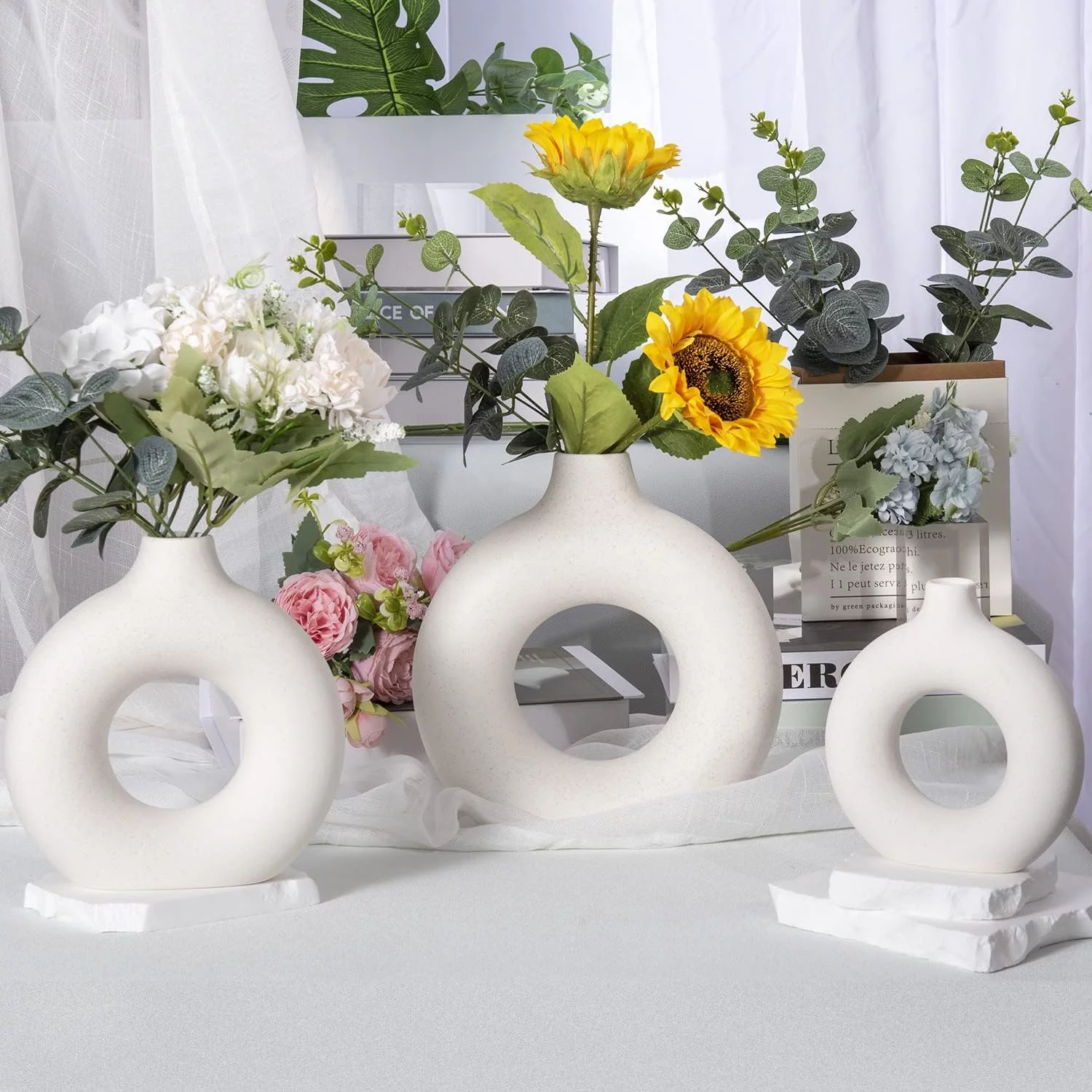 Juego de 3 jarrones de cerámica Hechos a Mano, Redondos, floreros Decorativos, Juego de jarrones Decorativos Modernos para Hierba de Pampas, Flores secas, Color Beige, Adornos para - Imagen 2