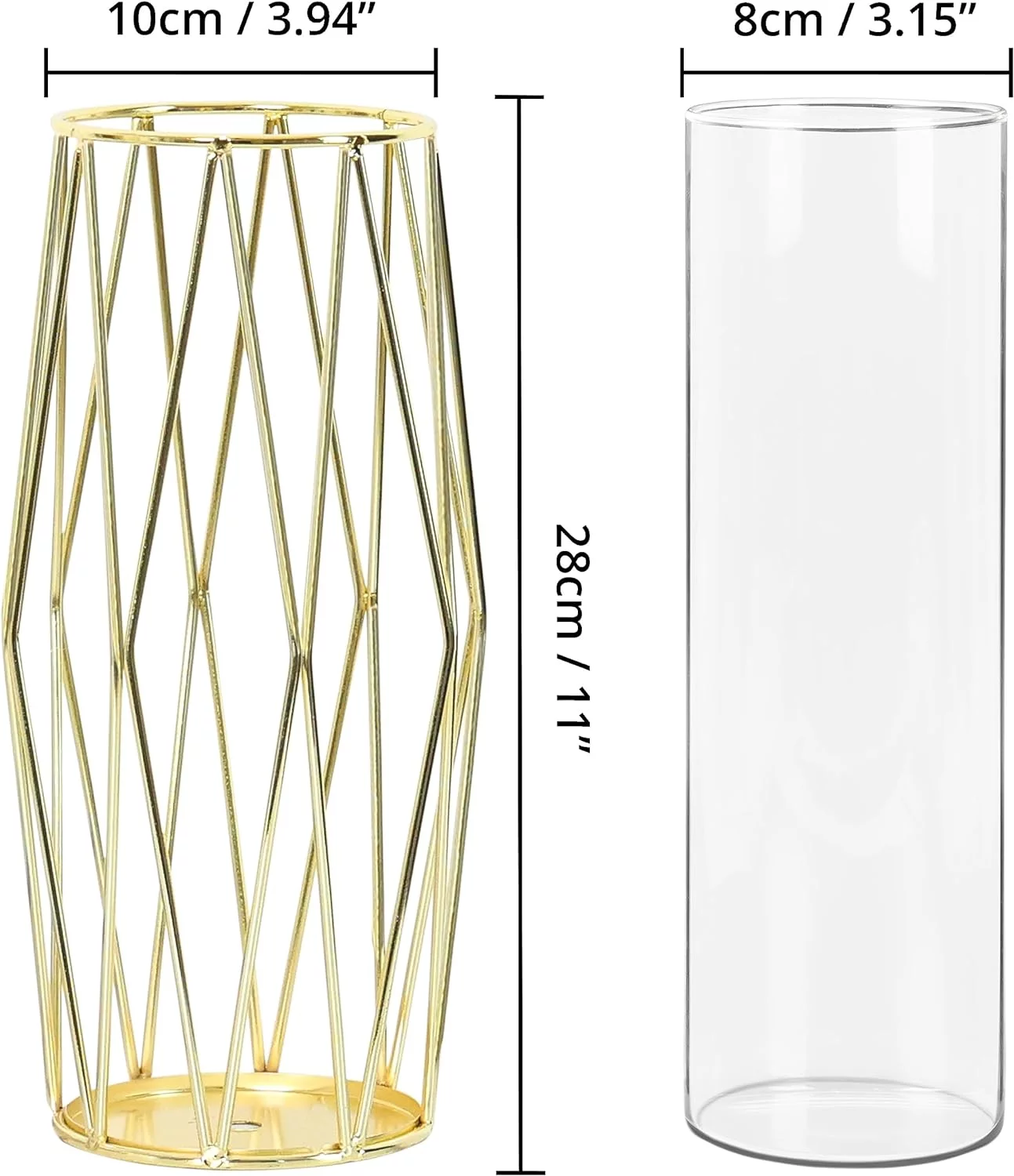Winter Shore Jarron Cristal Decoracion Dorado para Centros de Mesa - Cilindro de Vidrio Transparente 28 cm con Soporte Geométrico de Hierro - Jarron Decorativos Modernos para Decorar Arreglo Floral - Imagen 2