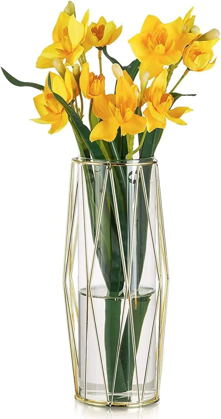 Jarrón Cilíndrico De Vidrio, Hewory 27cm Jarrones Modernos Grandes para Boda Centro De Mesa, Hierba De Pampas Ramo De Tulipanes Rosas, Florero Dorado Geométrico para Sala De Estar, Mesa De Comedor