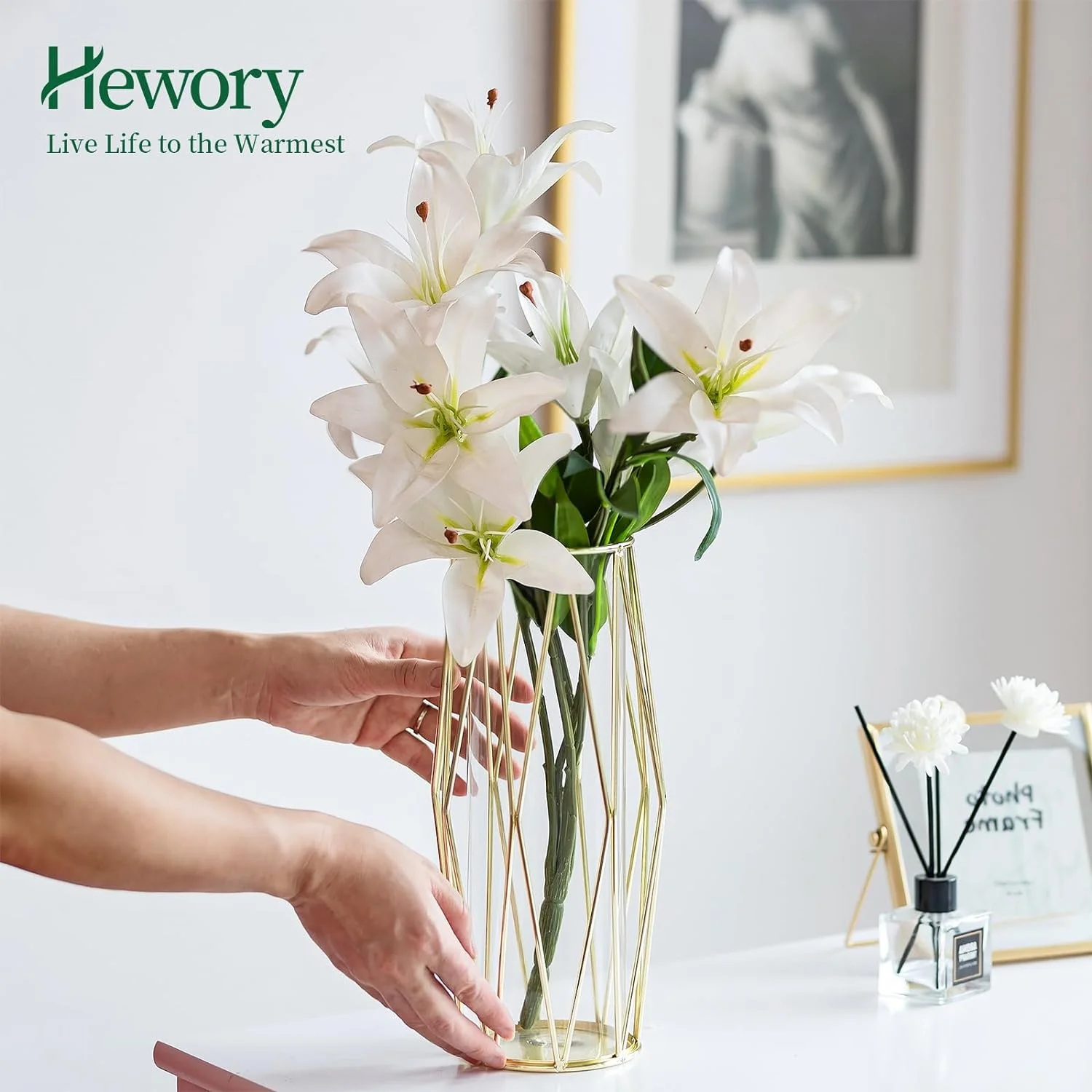 Jarrón Cilíndrico De Vidrio, Hewory 27cm Jarrones Modernos Grandes para Boda Centro De Mesa, Hierba De Pampas Ramo De Tulipanes Rosas, Florero Dorado Geométrico para Sala De Estar, Mesa De Comedor - Imagen 2