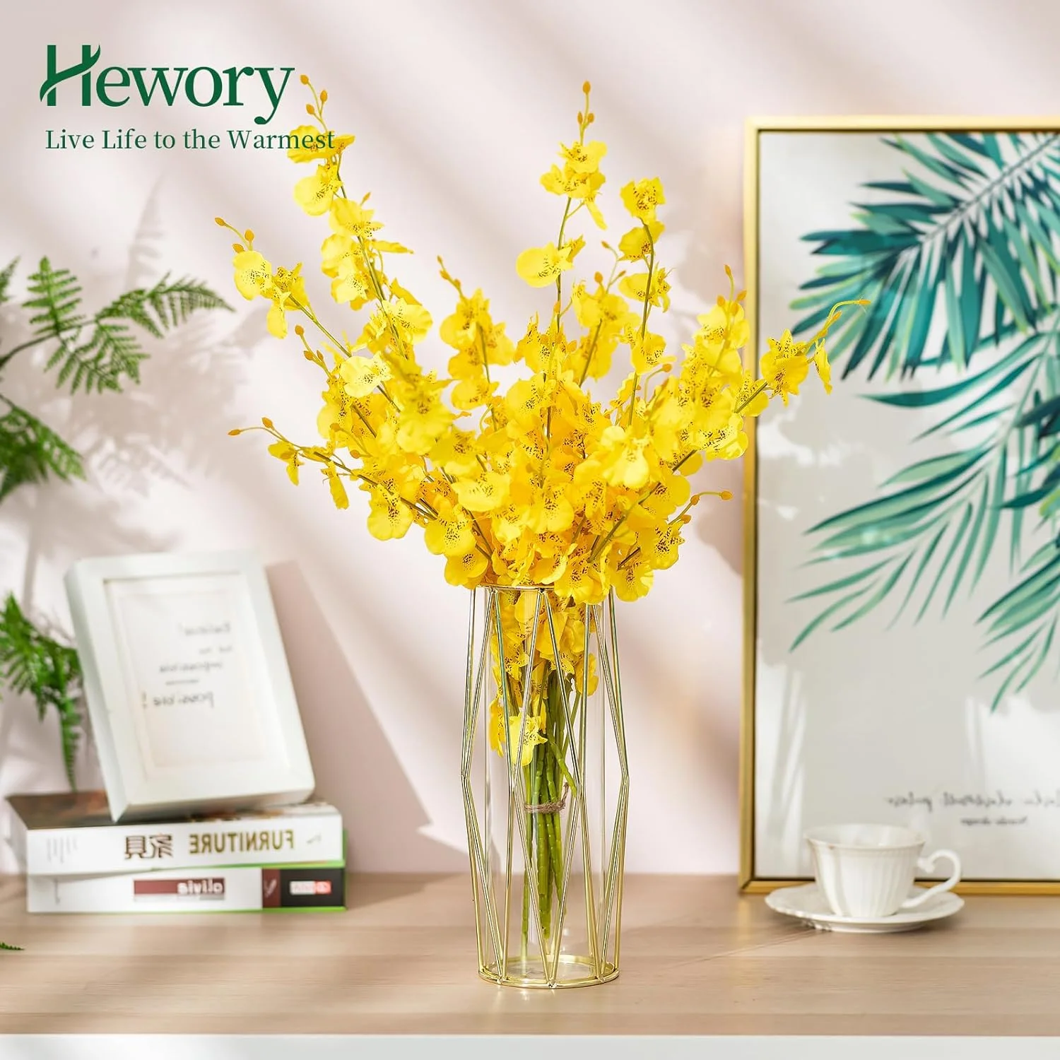 Jarrón Cilíndrico De Vidrio, Hewory 27cm Jarrones Modernos Grandes para Boda Centro De Mesa, Hierba De Pampas Ramo De Tulipanes Rosas, Florero Dorado Geométrico para Sala De Estar, Mesa De Comedor - Imagen 3