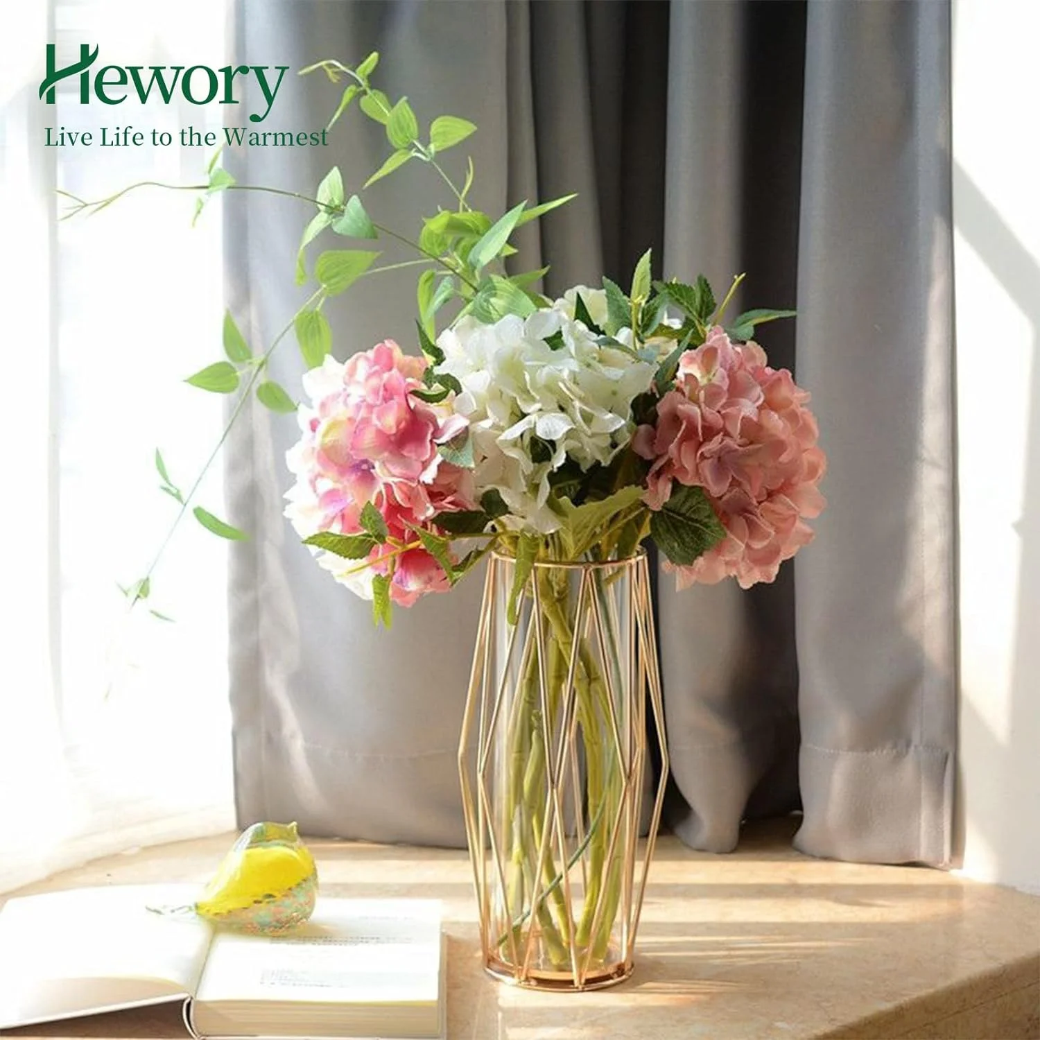 Jarrón Cilíndrico De Vidrio, Hewory 27cm Jarrones Modernos Grandes para Boda Centro De Mesa, Hierba De Pampas Ramo De Tulipanes Rosas, Florero Dorado Geométrico para Sala De Estar, Mesa De Comedor - Imagen 4