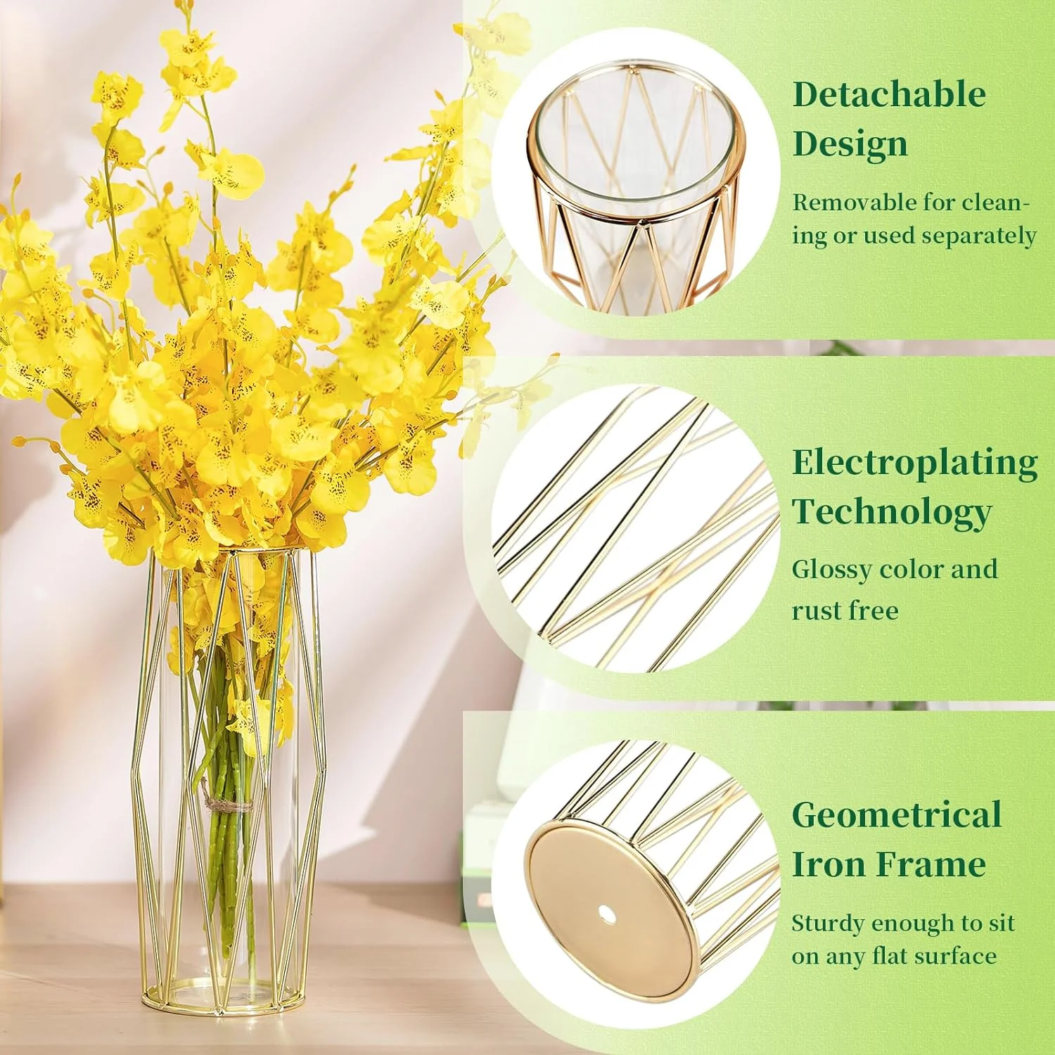 Jarrón Cilíndrico De Vidrio, Hewory 27cm Jarrones Modernos Grandes para Boda Centro De Mesa, Hierba De Pampas Ramo De Tulipanes Rosas, Florero Dorado Geométrico para Sala De Estar, Mesa De Comedor - Imagen 5