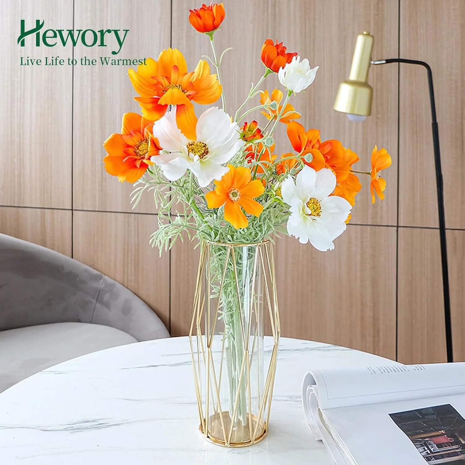 Jarrón Cilíndrico De Vidrio, Hewory 27cm Jarrones Modernos Grandes para Boda Centro De Mesa, Hierba De Pampas Ramo De Tulipanes Rosas, Florero Dorado Geométrico para Sala De Estar, Mesa De Comedor - Imagen 8