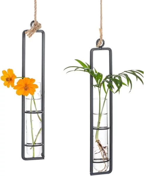 Sziqiqi Creativo Jarrón De Vidrio De Hierro, Contenedor Colgante De Agua, Tubo De Ensayo De Vidrio como Florero Colgante, Decoración De La Planta Colgante para Sala De Estar, Negro