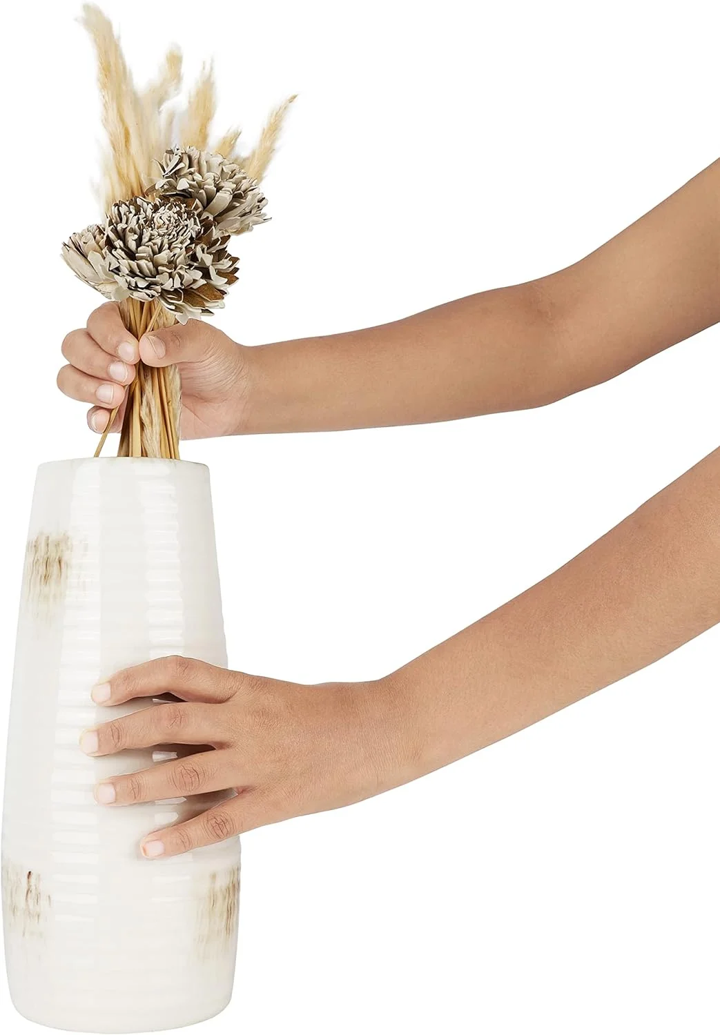 Belle Vous Florero Blanco Ceramica Desgastado - Jarrón Flores Moderno Estilo Hacienda - Jarrón Decorativo para Hierbas de Las Pampas y Flores - Repisa, Mesa, Entrada, Sala de Estar - Imagen 3