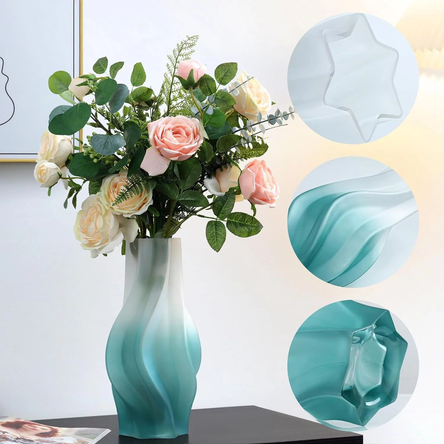 Joeyan 32.5cm Verde Florero de Vidrio, Acanalado Jarrón Decorativo de Cristal, Jarrón De Flores para el Casa, Oficina, Boda, Centros de Mesa Decoración - Imagen 2