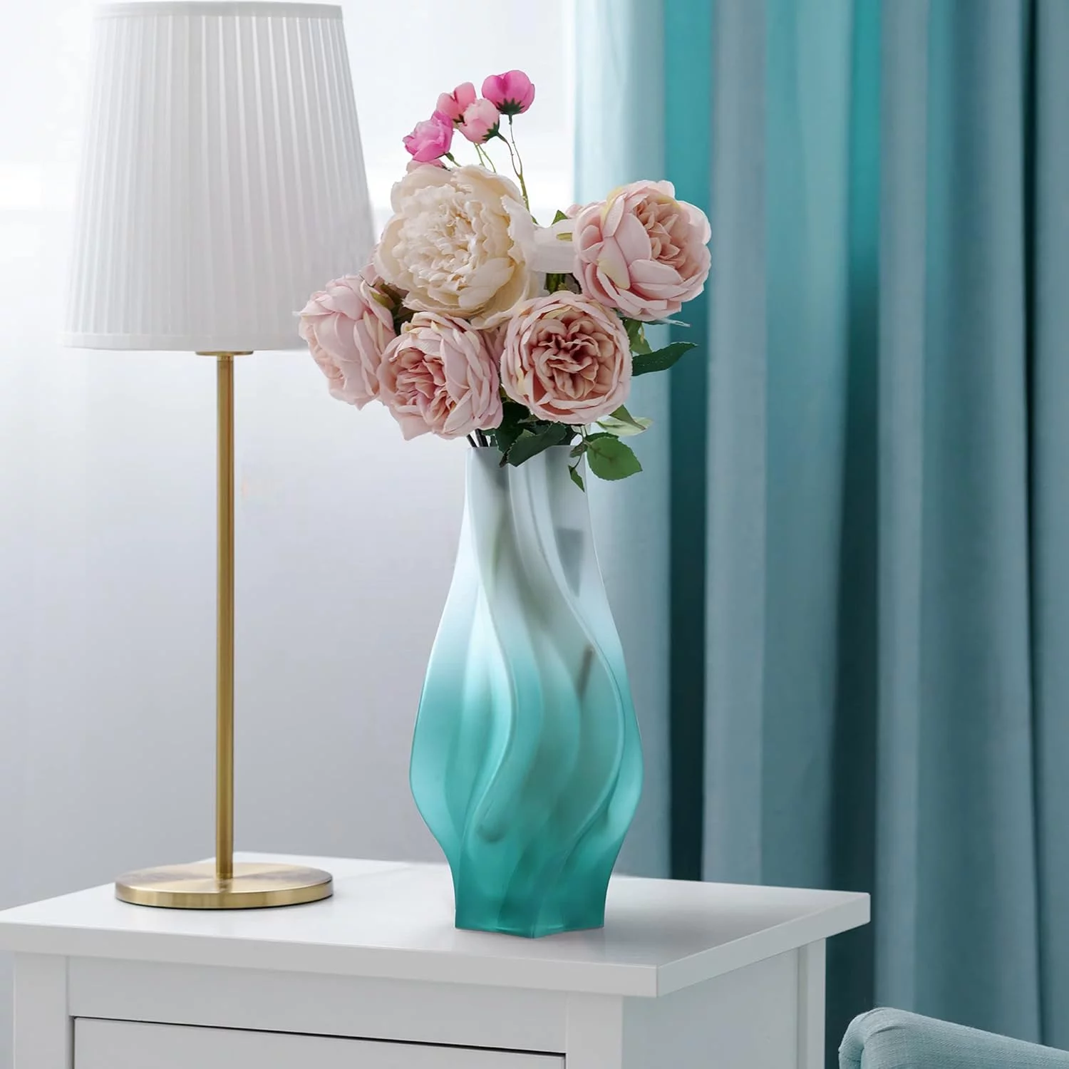 Joeyan 32.5cm Verde Florero de Vidrio, Acanalado Jarrón Decorativo de Cristal, Jarrón De Flores para el Casa, Oficina, Boda, Centros de Mesa Decoración - Imagen 4