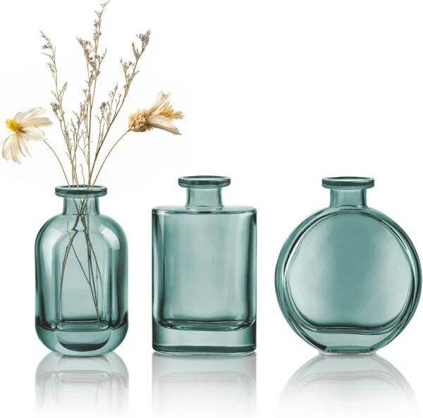 Jarrones Pequeños Decorativas Juego de 3 - Florero de Vidrio Azul-Verde para Mesa, Hogar, Oficina