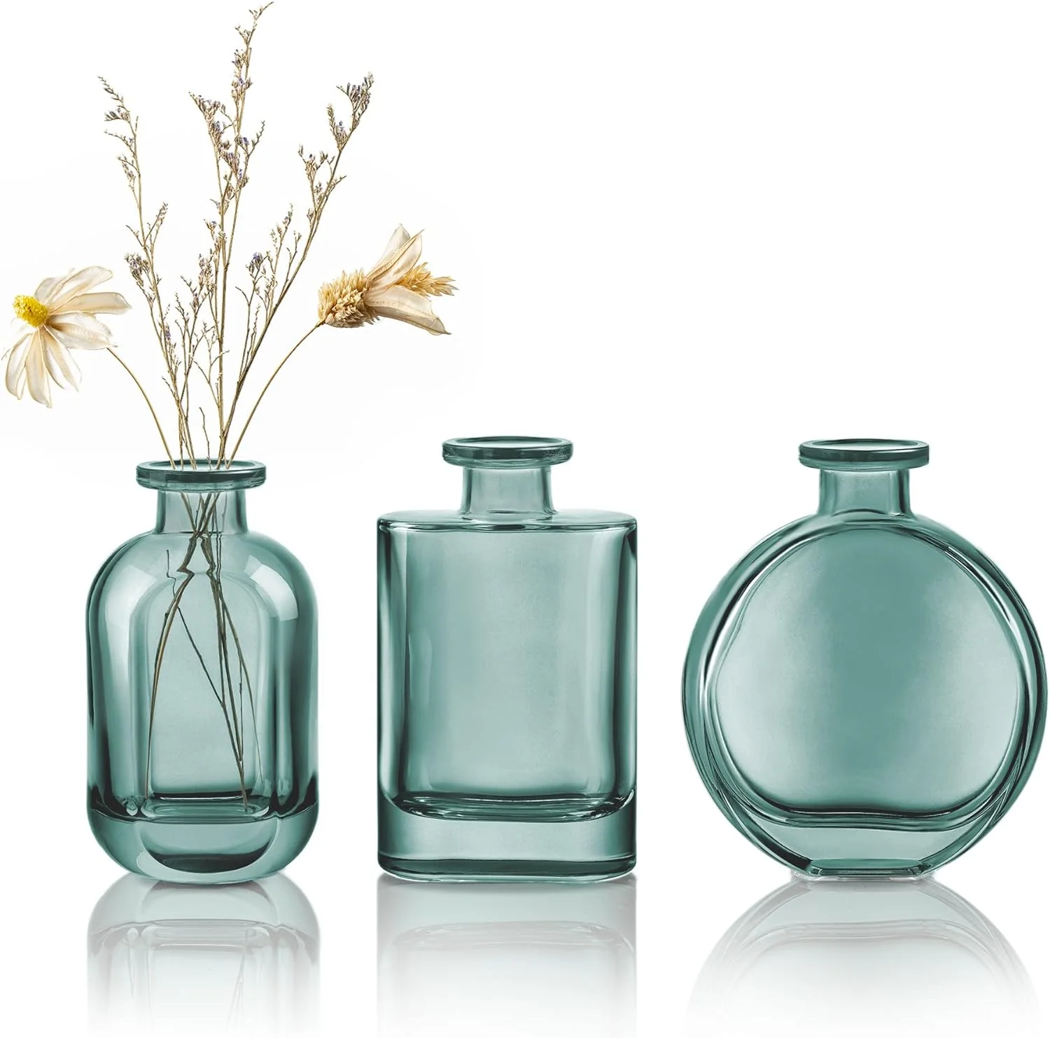Jarrones Pequeños Decorativas Juego de 3 - Florero de Vidrio Azul-Verde para Mesa, Hogar, Oficina