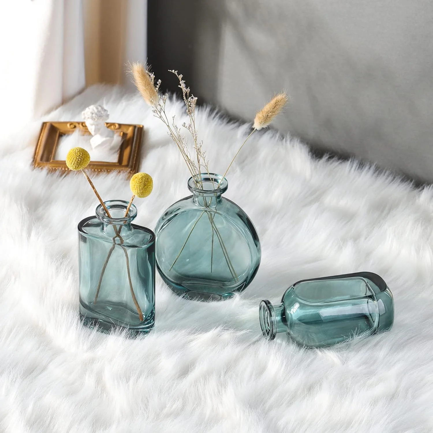 Jarrones Pequeños Decorativas Juego de 3 - Florero de Vidrio Azul-Verde para Mesa, Hogar, Oficina - Imagen 2