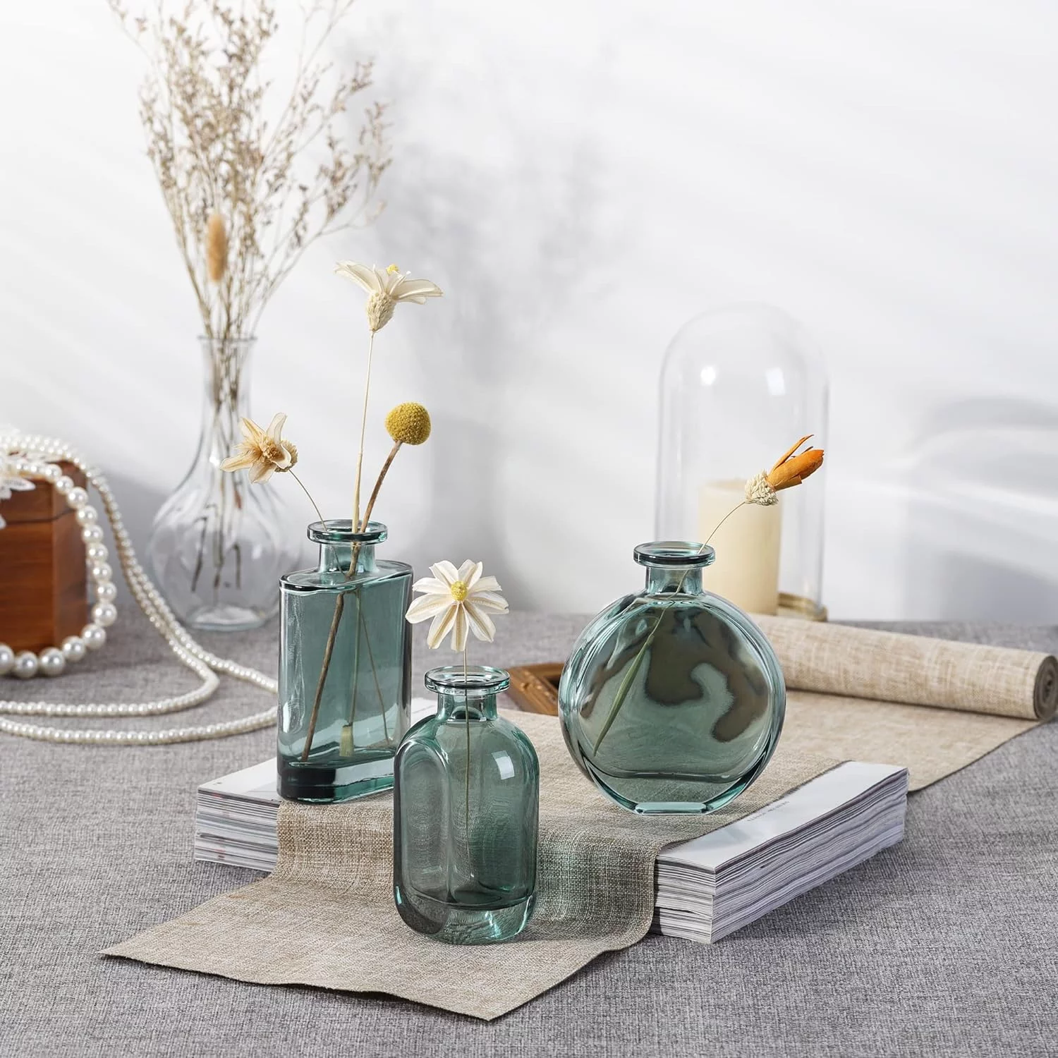Jarrones Pequeños Decorativas Juego de 3 - Florero de Vidrio Azul-Verde para Mesa, Hogar, Oficina - Imagen 3