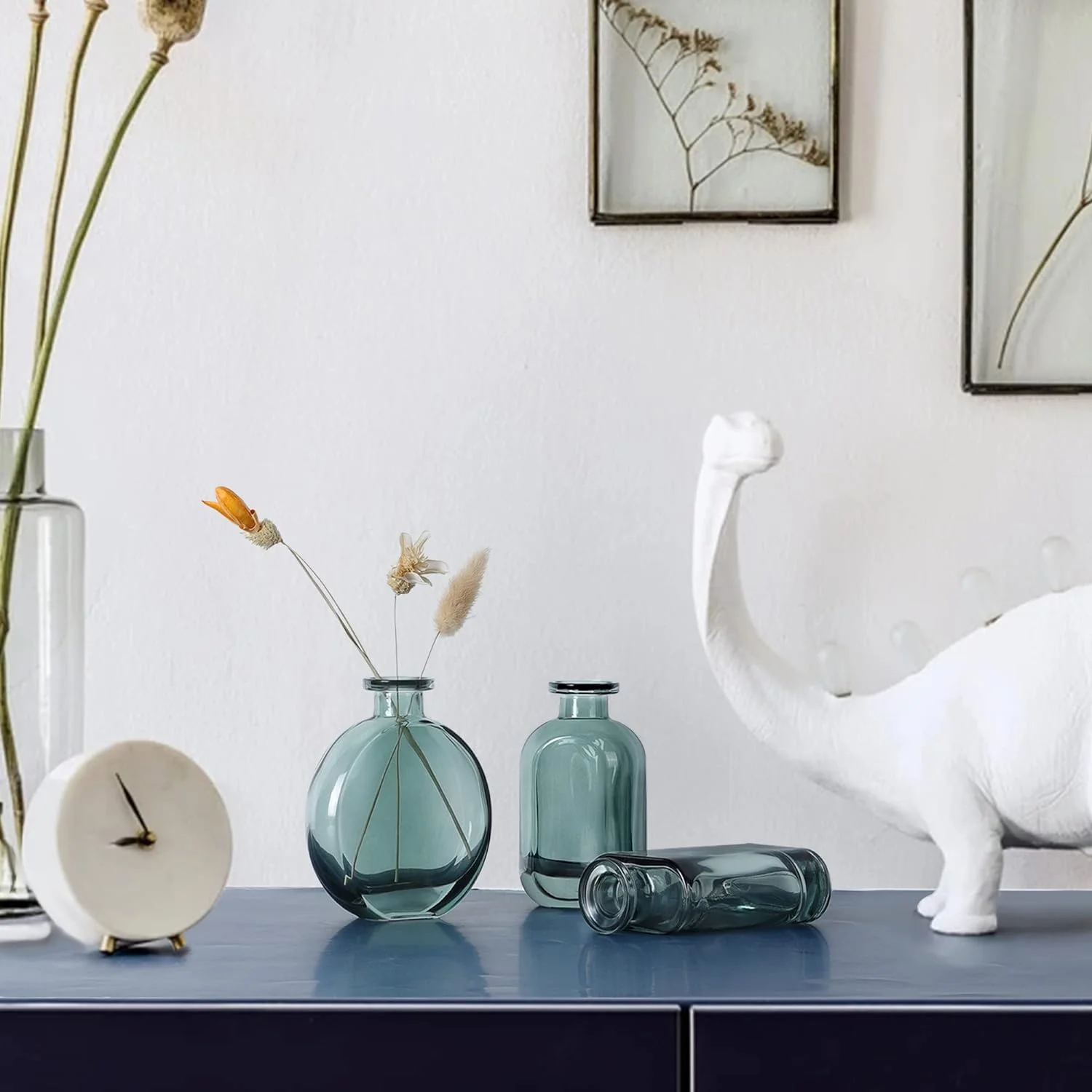 Jarrones Pequeños Decorativas Juego de 3 - Florero de Vidrio Azul-Verde para Mesa, Hogar, Oficina - Imagen 4