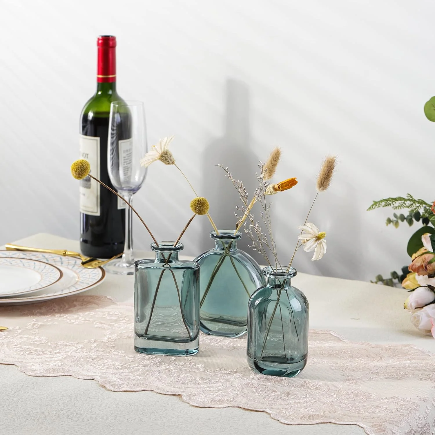 Jarrones Pequeños Decorativas Juego de 3 - Florero de Vidrio Azul-Verde para Mesa, Hogar, Oficina - Imagen 5