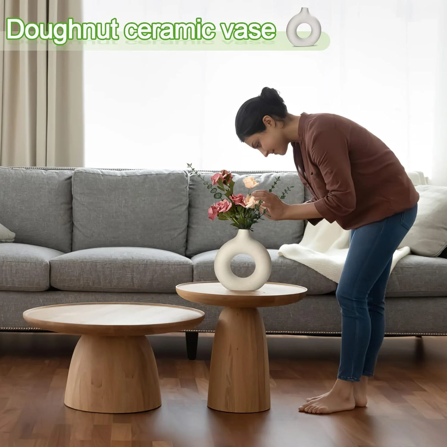 Jarrón De Cerámica Hecho a Mano, Jarrones Decorativos Modernos, Jarrón de Cerámica Hueco Circular, Flores Secas de Cerámica Blanca, para Flores, Salón, Oficina, Boda, Comedor, Fiesta, Regalo (M) - Imagen 2