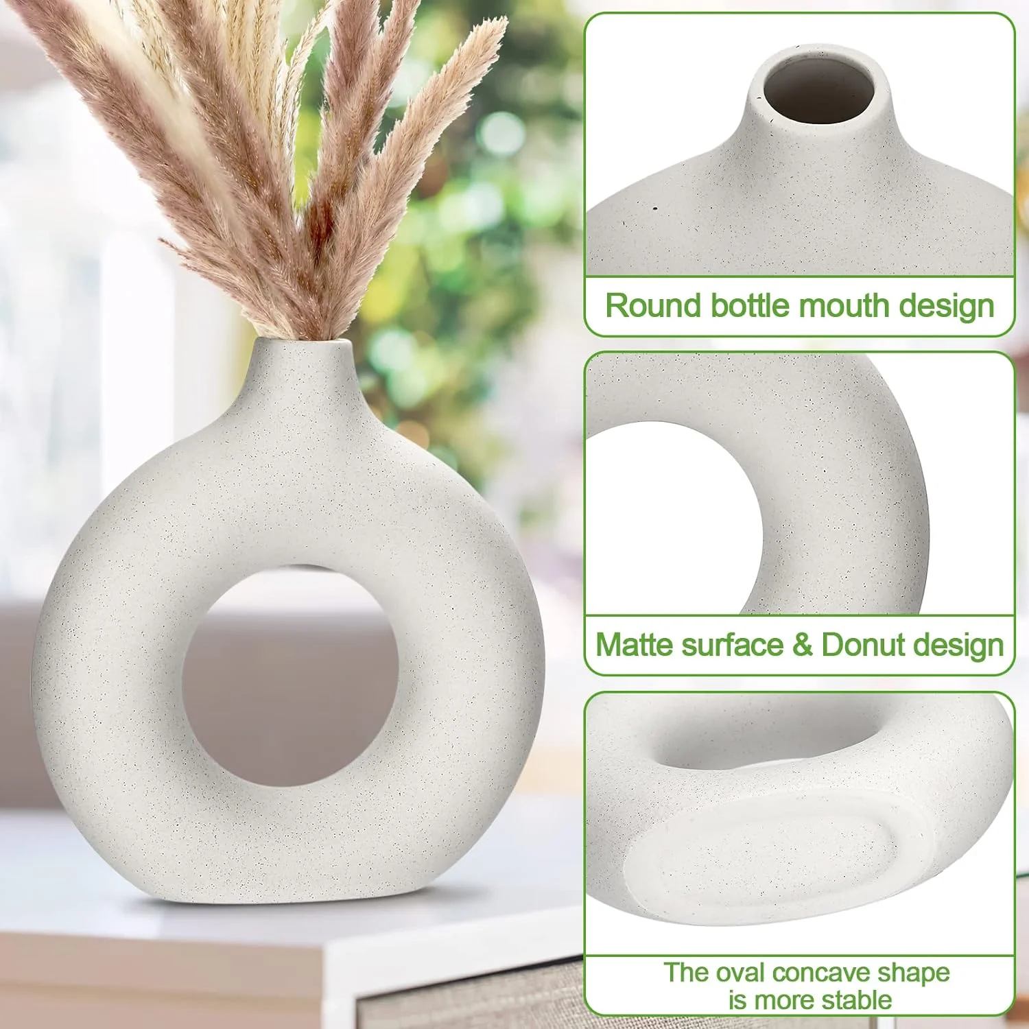 Jarrón De Cerámica Hecho a Mano, Jarrones Decorativos Modernos, Jarrón de Cerámica Hueco Circular, Flores Secas de Cerámica Blanca, para Flores, Salón, Oficina, Boda, Comedor, Fiesta, Regalo (M) - Imagen 3
