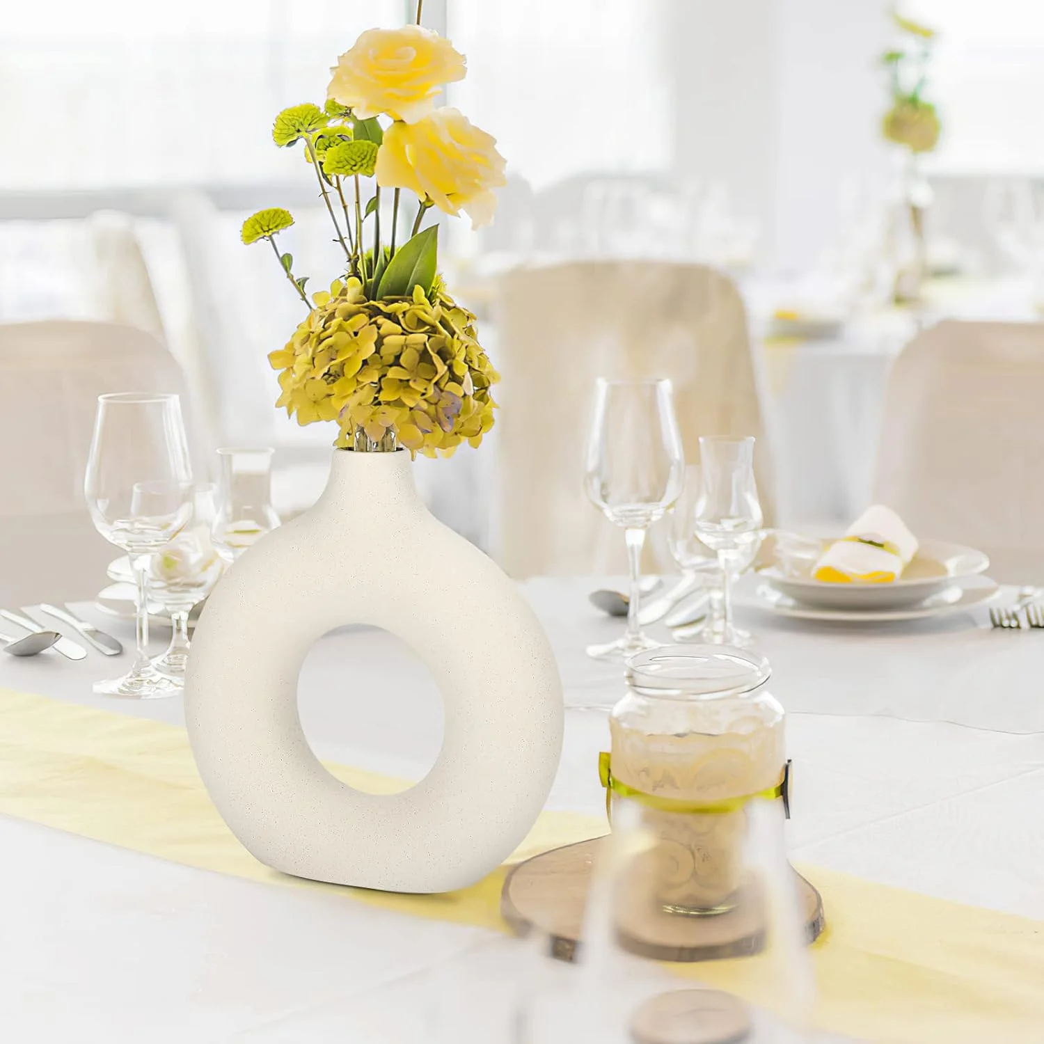 Jarrón De Cerámica Hecho a Mano, Jarrones Decorativos Modernos, Jarrón de Cerámica Hueco Circular, Flores Secas de Cerámica Blanca, para Flores, Salón, Oficina, Boda, Comedor, Fiesta, Regalo (M) - Imagen 4