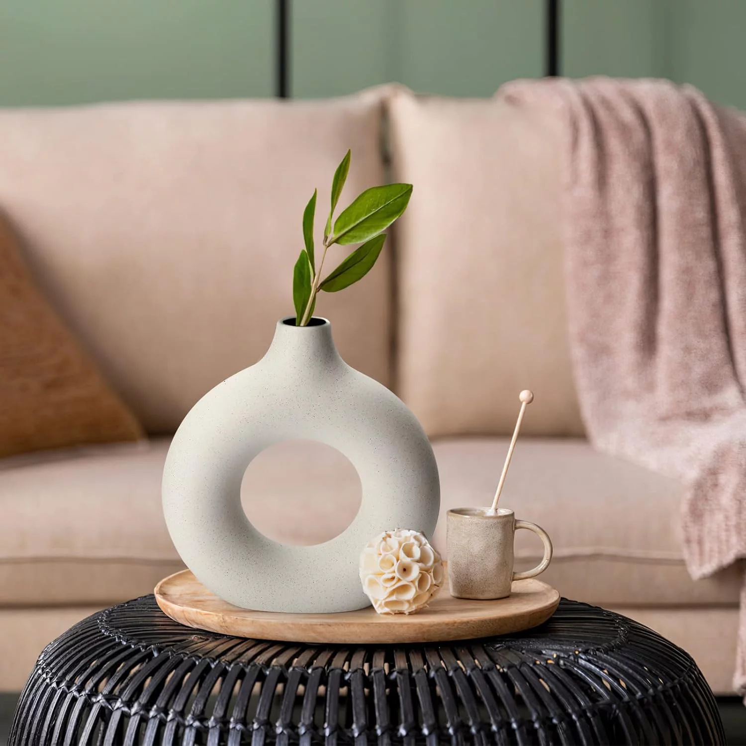 Jarrón De Cerámica Hecho a Mano, Jarrones Decorativos Modernos, Jarrón de Cerámica Hueco Circular, Flores Secas de Cerámica Blanca, para Flores, Salón, Oficina, Boda, Comedor, Fiesta, Regalo (M) - Imagen 5