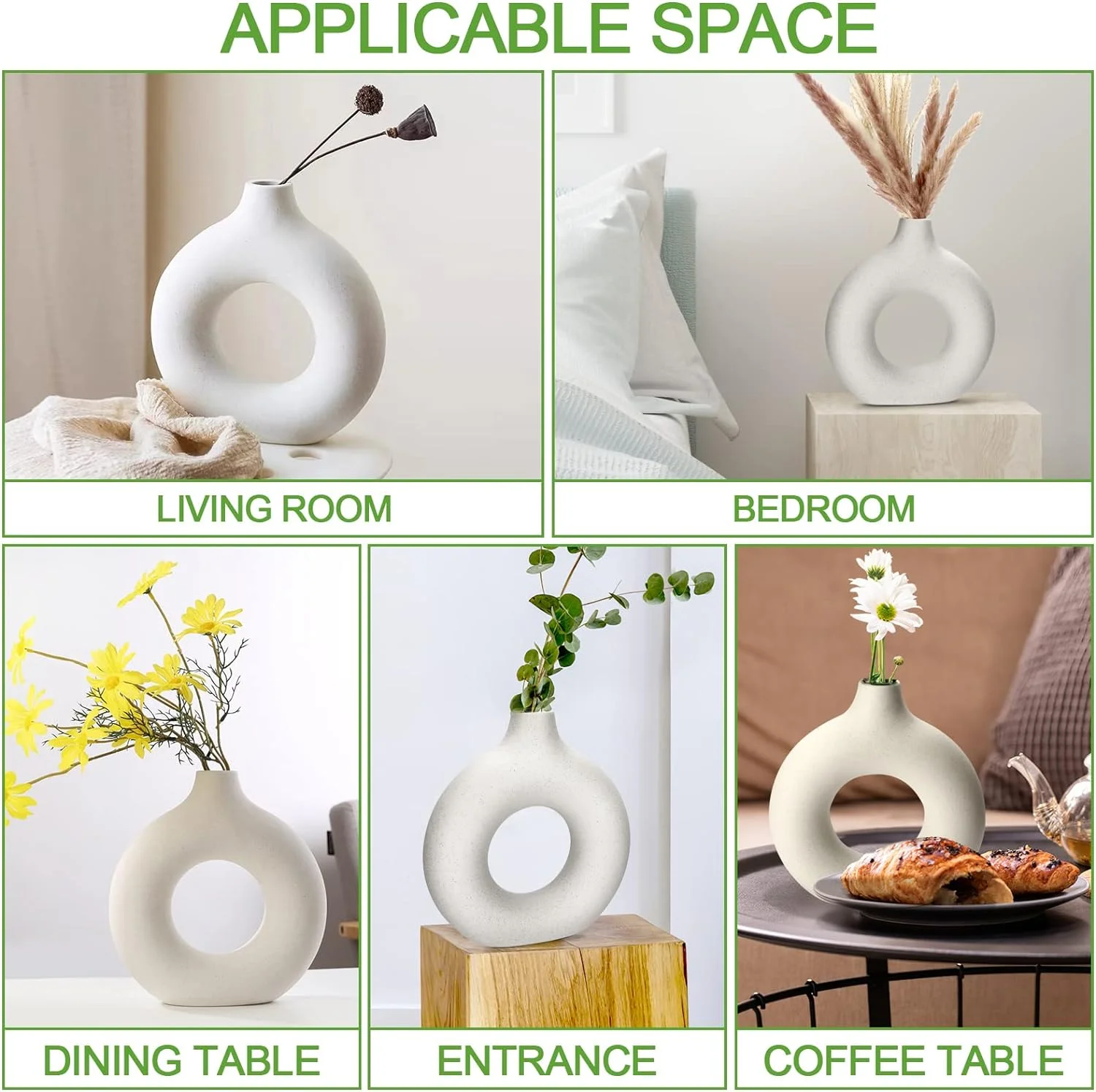 Jarrón De Cerámica Hecho a Mano, Jarrones Decorativos Modernos, Jarrón de Cerámica Hueco Circular, Flores Secas de Cerámica Blanca, para Flores, Salón, Oficina, Boda, Comedor, Fiesta, Regalo (M) - Imagen 8