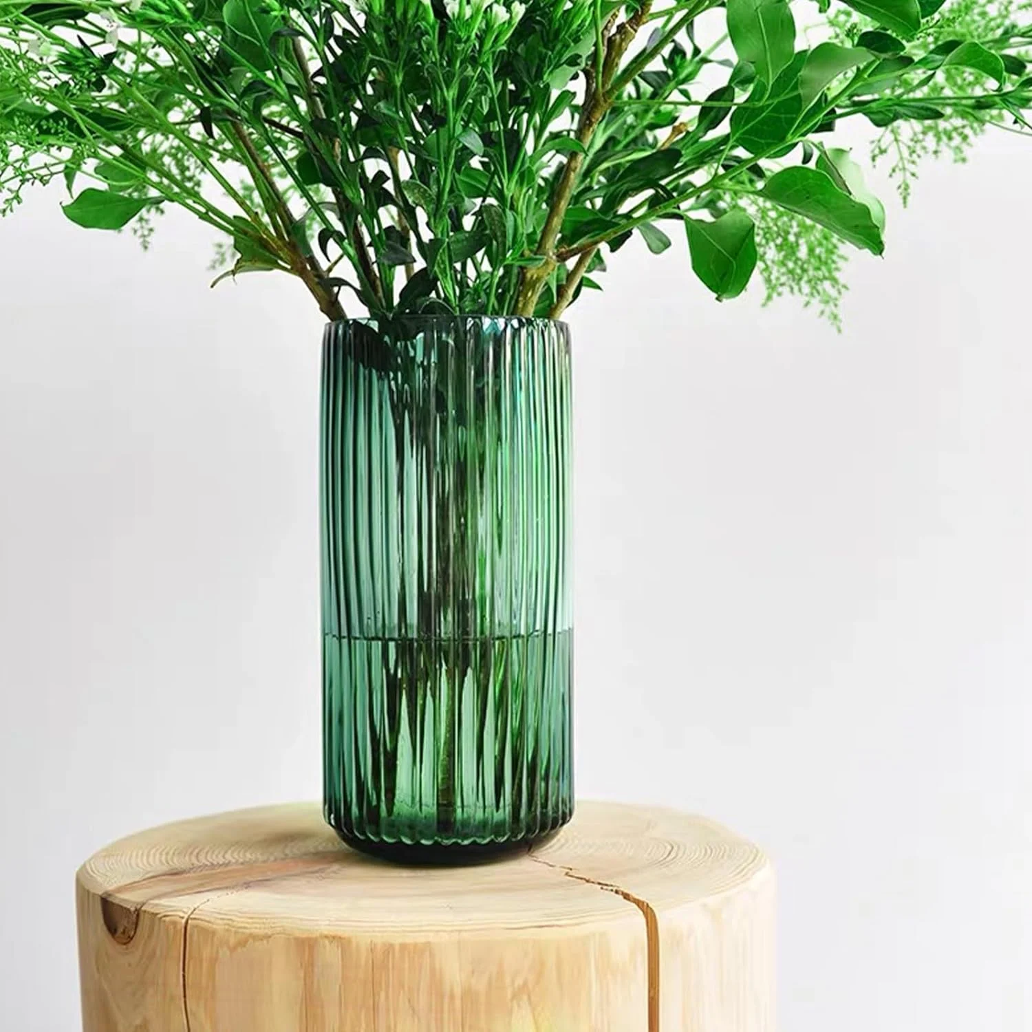 Jarrón de Cristal Verde Cilindro Florero Jarrón Acanalado Grueso Jarrón de Transparente para Casa Boda Oficina Fiesta Mesa Centros de Mesa Decoración Regalo