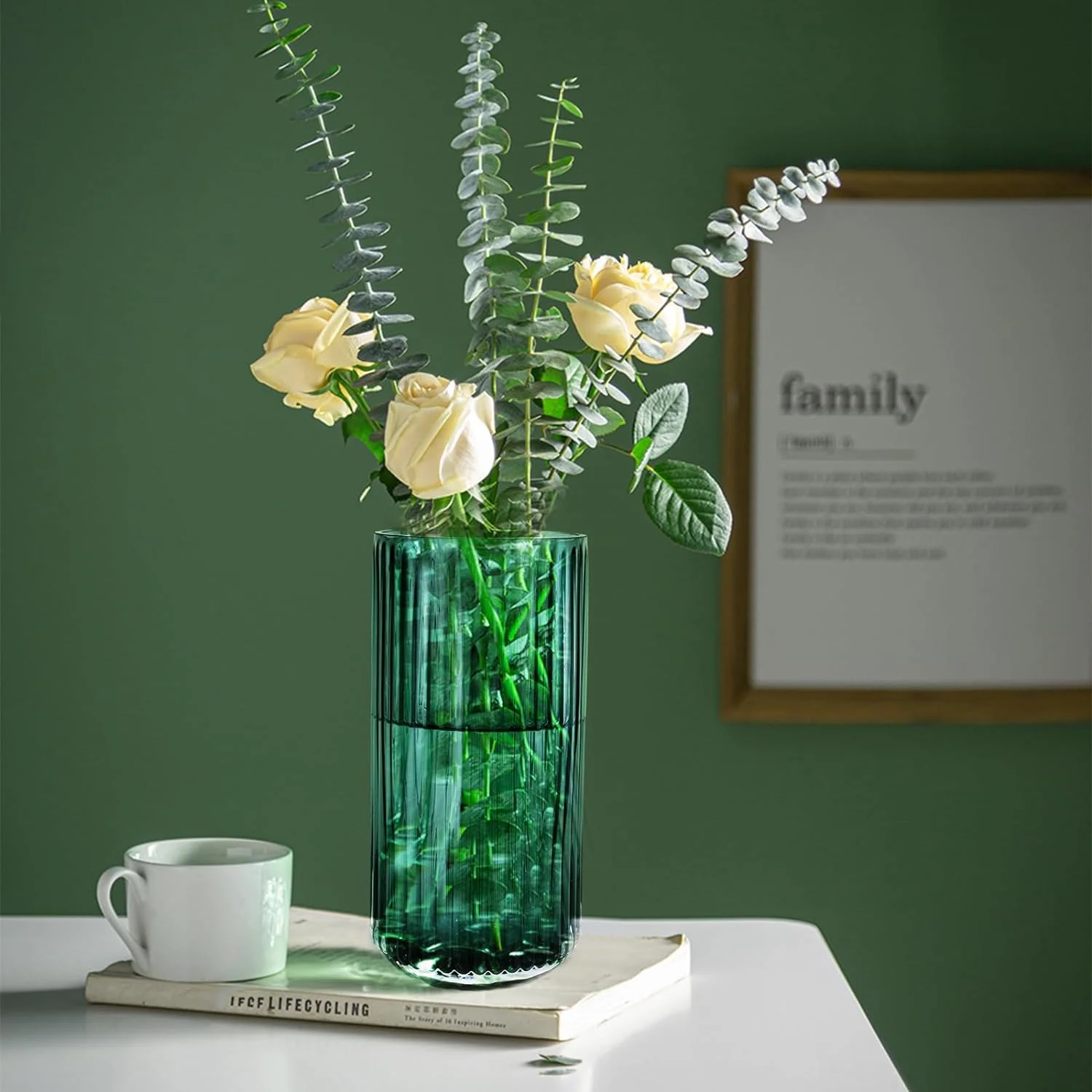 Jarrón de Cristal Verde Cilindro Florero Jarrón Acanalado Grueso Jarrón de Transparente para Casa Boda Oficina Fiesta Mesa Centros de Mesa Decoración Regalo - Imagen 6