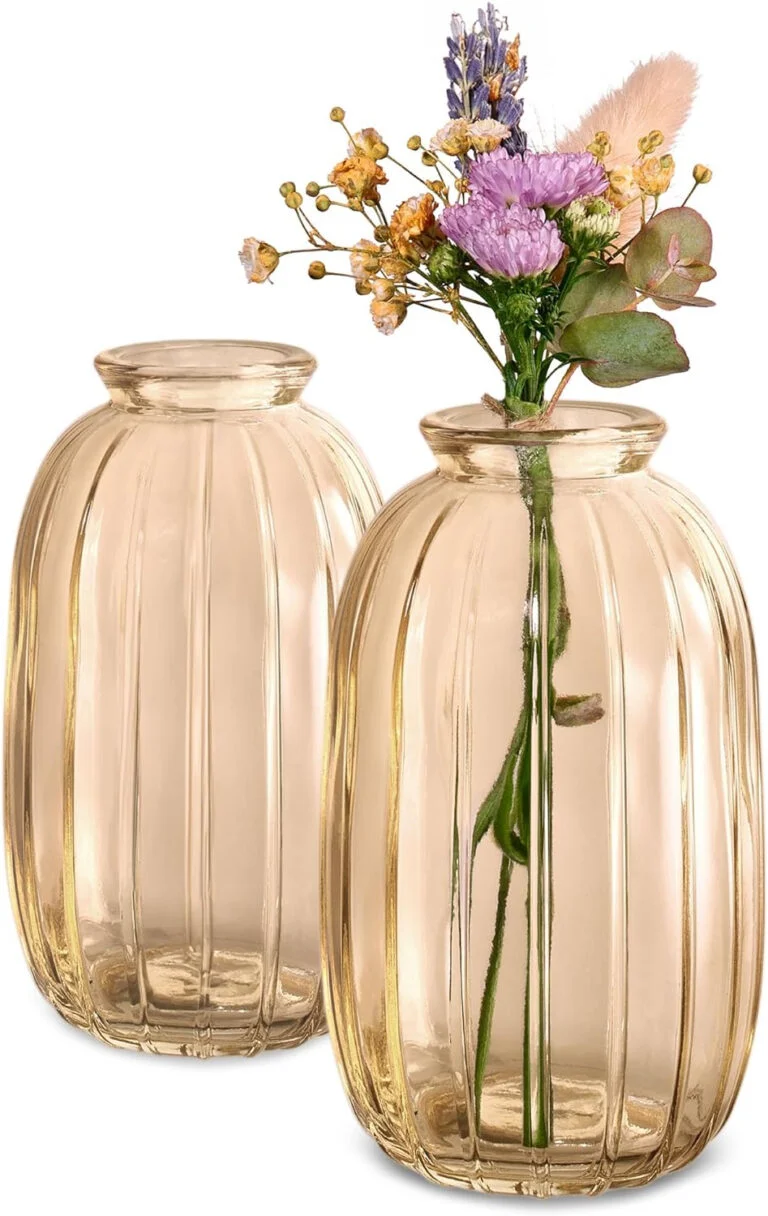 Jarrones Pequeños de Cristal - Juego de 6 - Estilo Vintage - Floreros Decorativos - Aptos para Lavavajillas - para Decoración de Mesas de Boda - Dorado