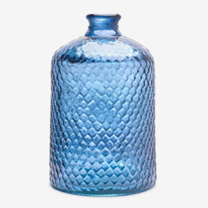 Botella Grande de Vidrio Reciclado Color Azul Oscuro con Diseño de Escamas en Relieve - Garrafa Artesanal de Cristal Estilo Mediterráneo para Decoración del Hogar como Jarrón o Florero