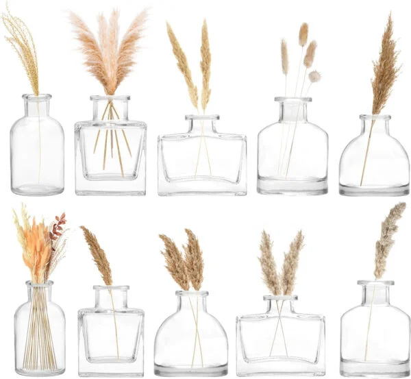 Winter Shore Pequeños Jarrones Decorativos Modernos Cristal para Centro de Mesa [Pack de 10] - Jarron Cristal Transparentes - Botellas Cristal Decoracion Cuadradas y Redondas de Hogar y Bodas