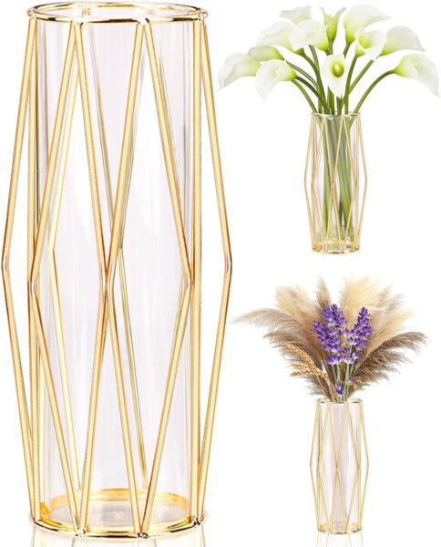 Modern Decorative Vase with Geometric Metal Stand, Glass Terrarium, Glass Flower Vase for Hydroponic Plants and Flowers, Centerpiece for Weddings and Interior Decoration