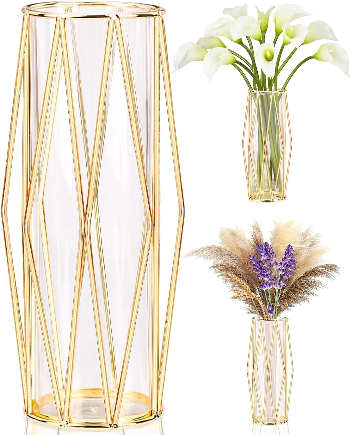 Modern Decorative Vase with Geometric Metal Stand, Glass Terrarium, Glass Flower Vase for Hydroponic Plants and Flowers, Centerpiece for Weddings and Interior Decoration