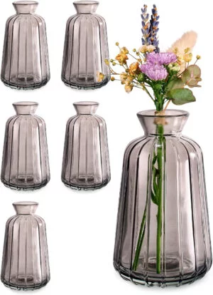 Mini Jarrones de Cristal - Juego de 6 - Estilo Vintage - Floreros Pequeños Decorativos - Aptos para Lavavajillas - para Decoración de Mesas de Boda - Gris (copia)