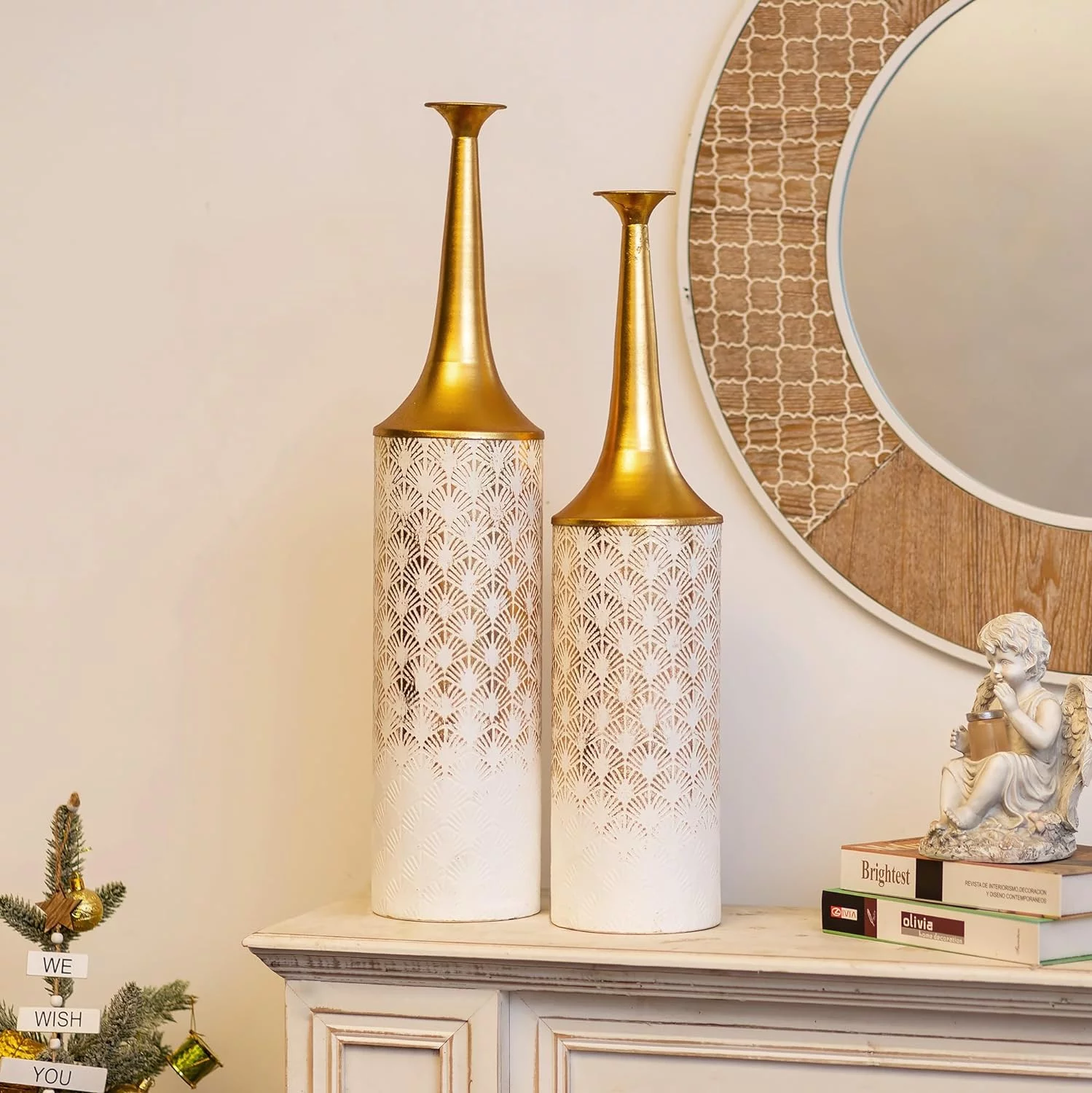 Sziqiqi Tall White Floor Vase Set - 26/24in Extra Large Vintage Metal Floor Vases for Artificial Pampas Flowers Rustic Narrow Neck Vase for Living Room Bedroom - Image 2