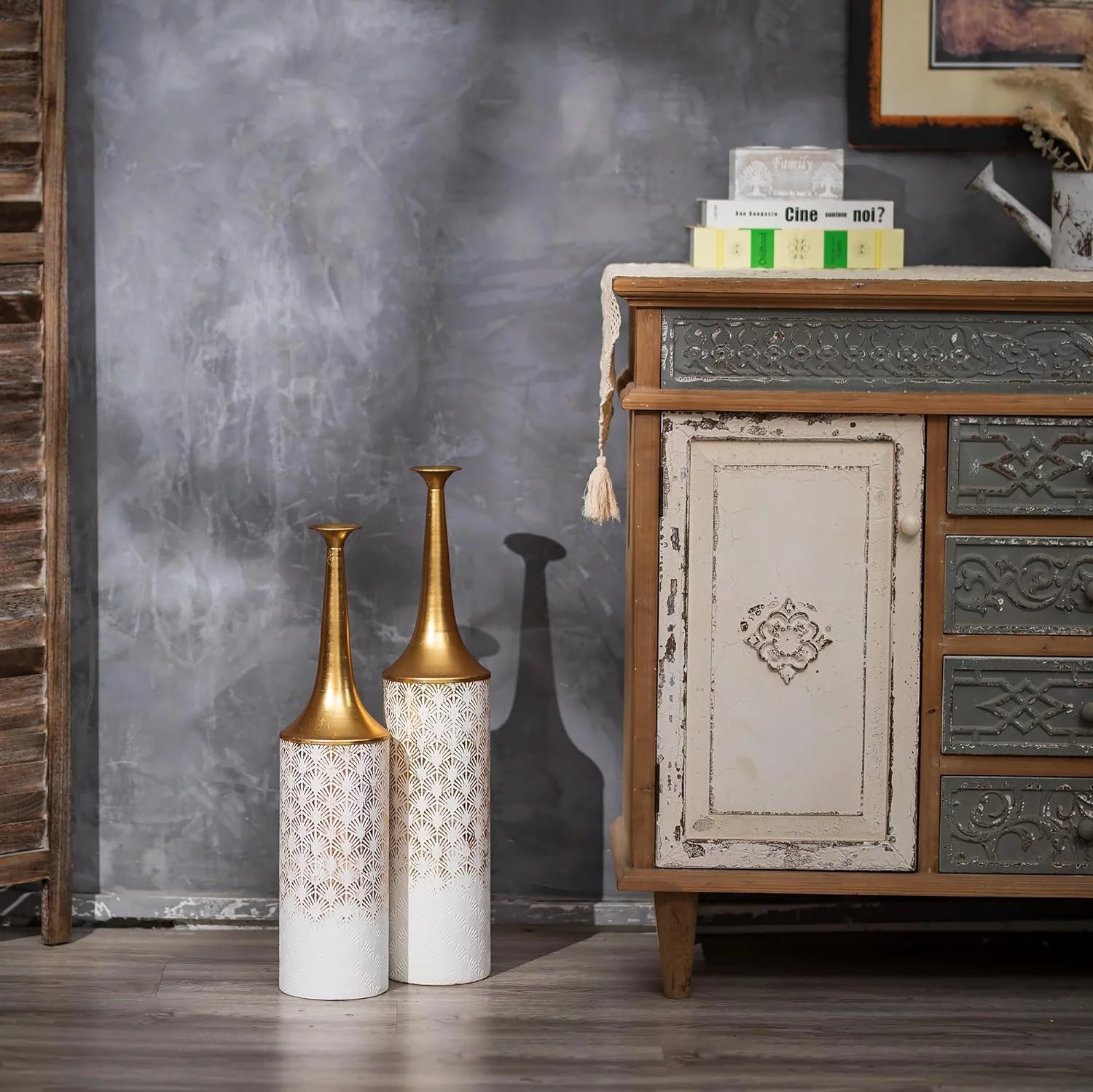 Sziqiqi Tall White Floor Vase Set - 26/24in Extra Large Vintage Metal Floor Vases for Artificial Pampas Flowers Rustic Narrow Neck Vase for Living Room Bedroom - Image 3