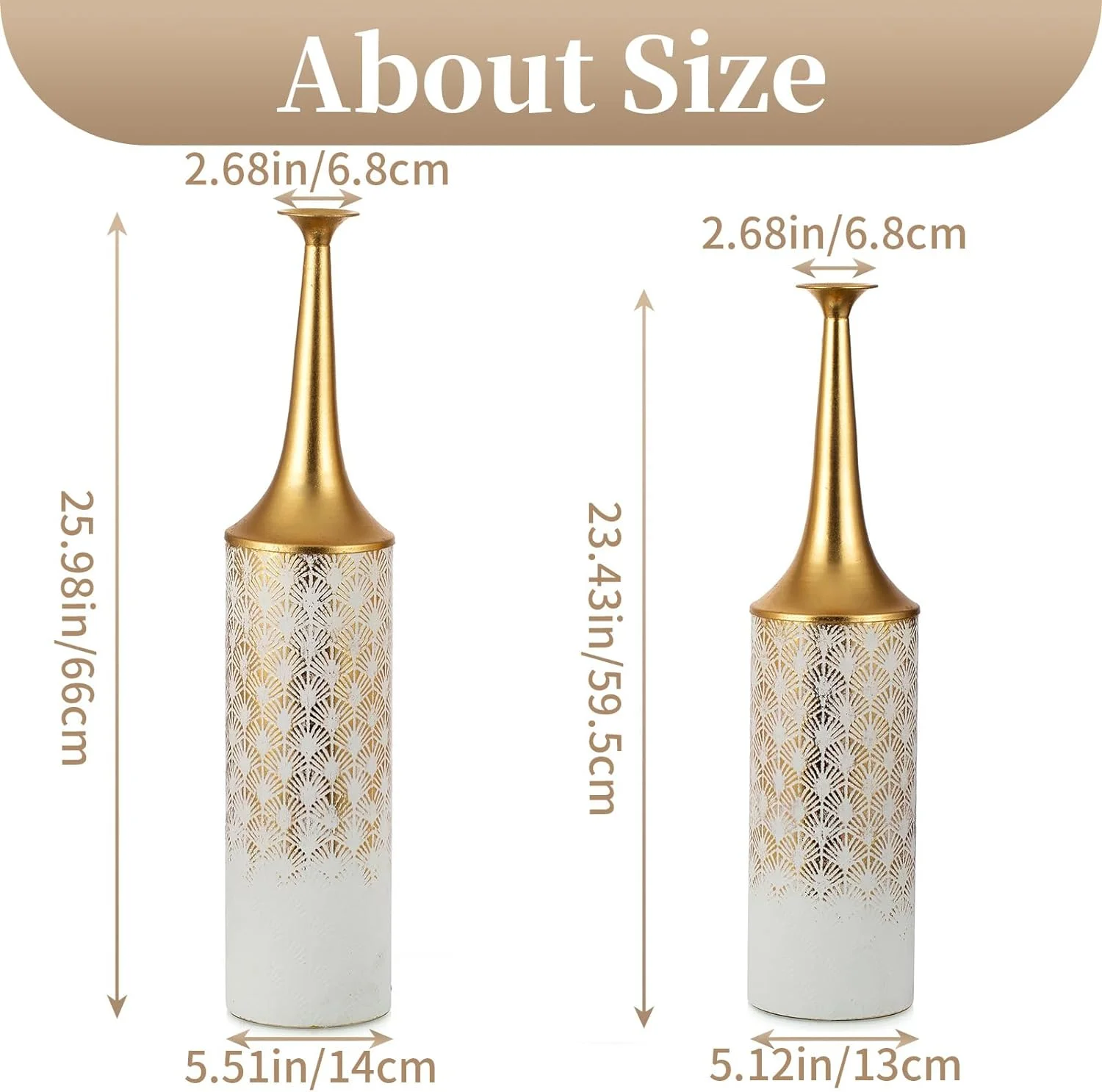 Sziqiqi Tall White Floor Vase Set - 26/24in Extra Large Vintage Metal Floor Vases for Artificial Pampas Flowers Rustic Narrow Neck Vase for Living Room Bedroom - Image 5