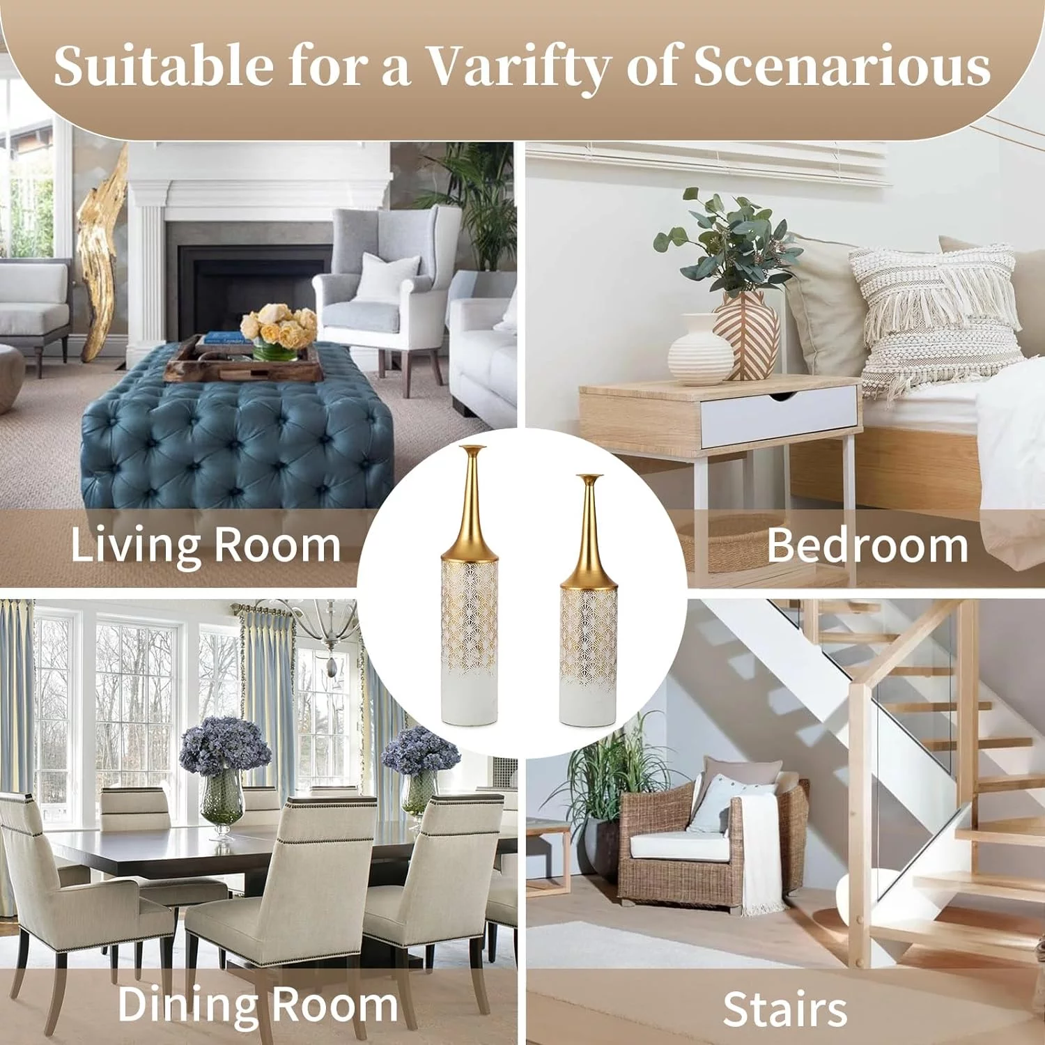 Sziqiqi Tall White Floor Vase Set - 26/24in Extra Large Vintage Metal Floor Vases for Artificial Pampas Flowers Rustic Narrow Neck Vase for Living Room Bedroom - Image 6