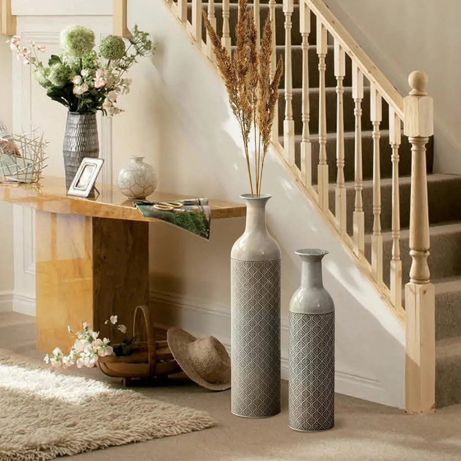 Sziqiqi Jarron Alto Decoración Suelo - 55/70cm Florero Extra Grande Juego de 2 Jarrones Grandes de Metal para Pampas Ramitas Jarrón Vintage Gris de Gran Tamaño para Sala de Estar Dormitorio Casa - Imagen 3